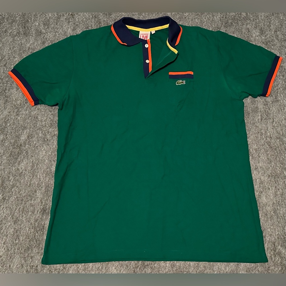 VTG Men’s Lacoste Green/Blue/Orange Logo Pocket Striped Polo Shirt - 2XL / FR 7